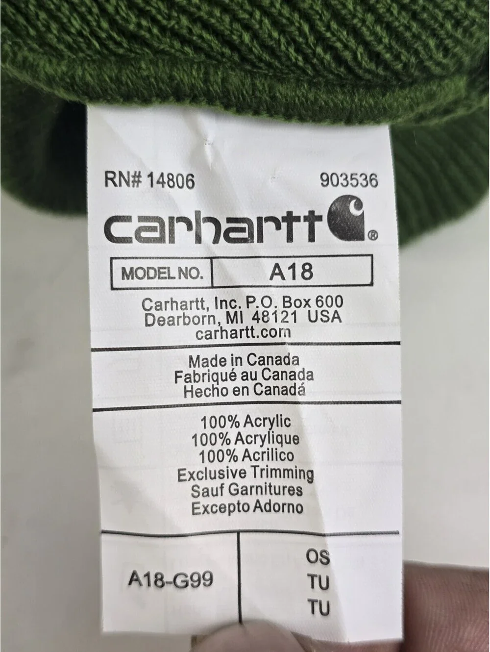 CARHARTT Authentic A18 Watch Hat, Cap, Green One Size, Knit Beanie New NWOT